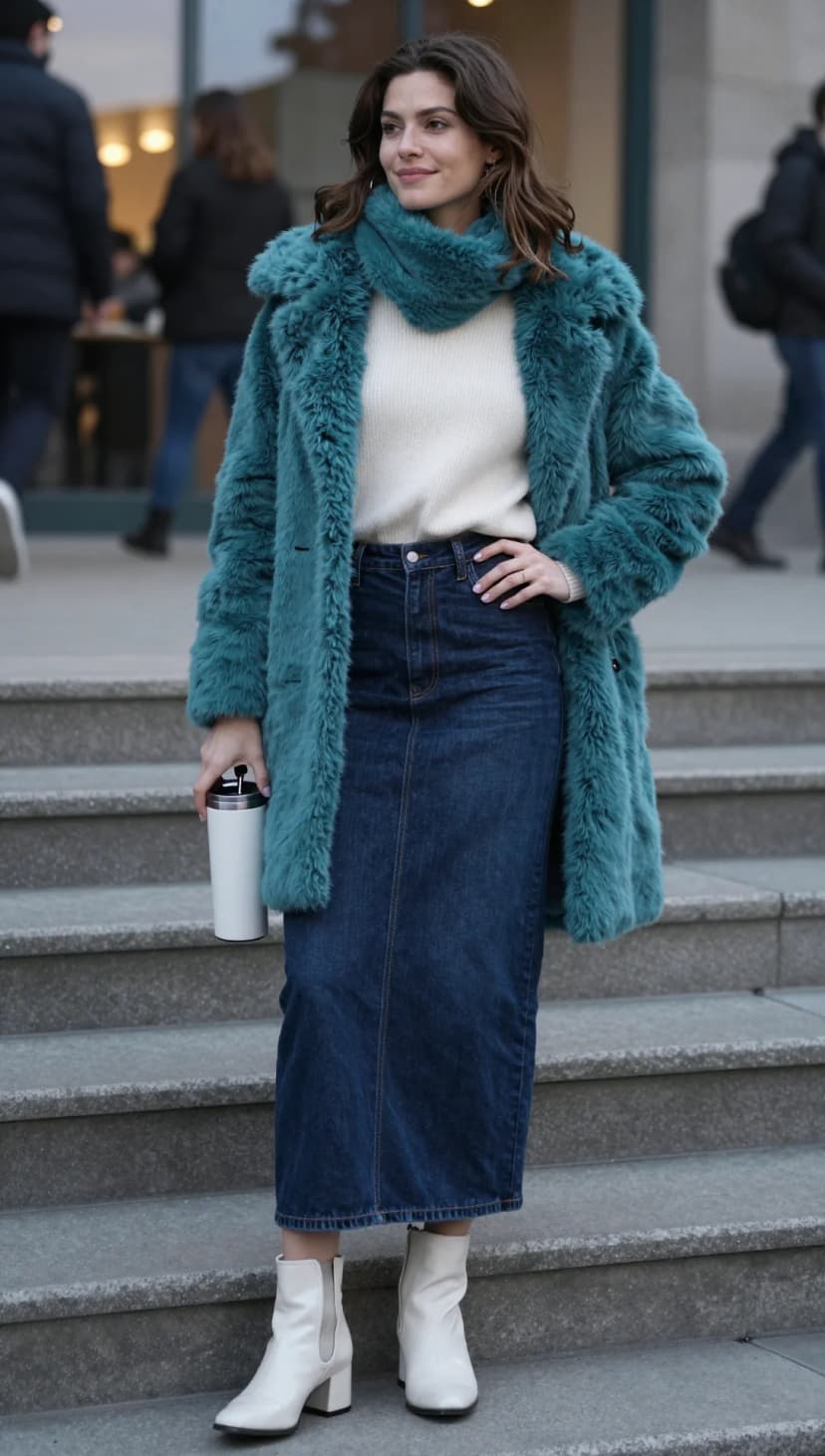 Cream Knit Sweater + Dark Wash Denim Maxi Skirt + Teal Faux Fur Coat + White Block Heel Boots