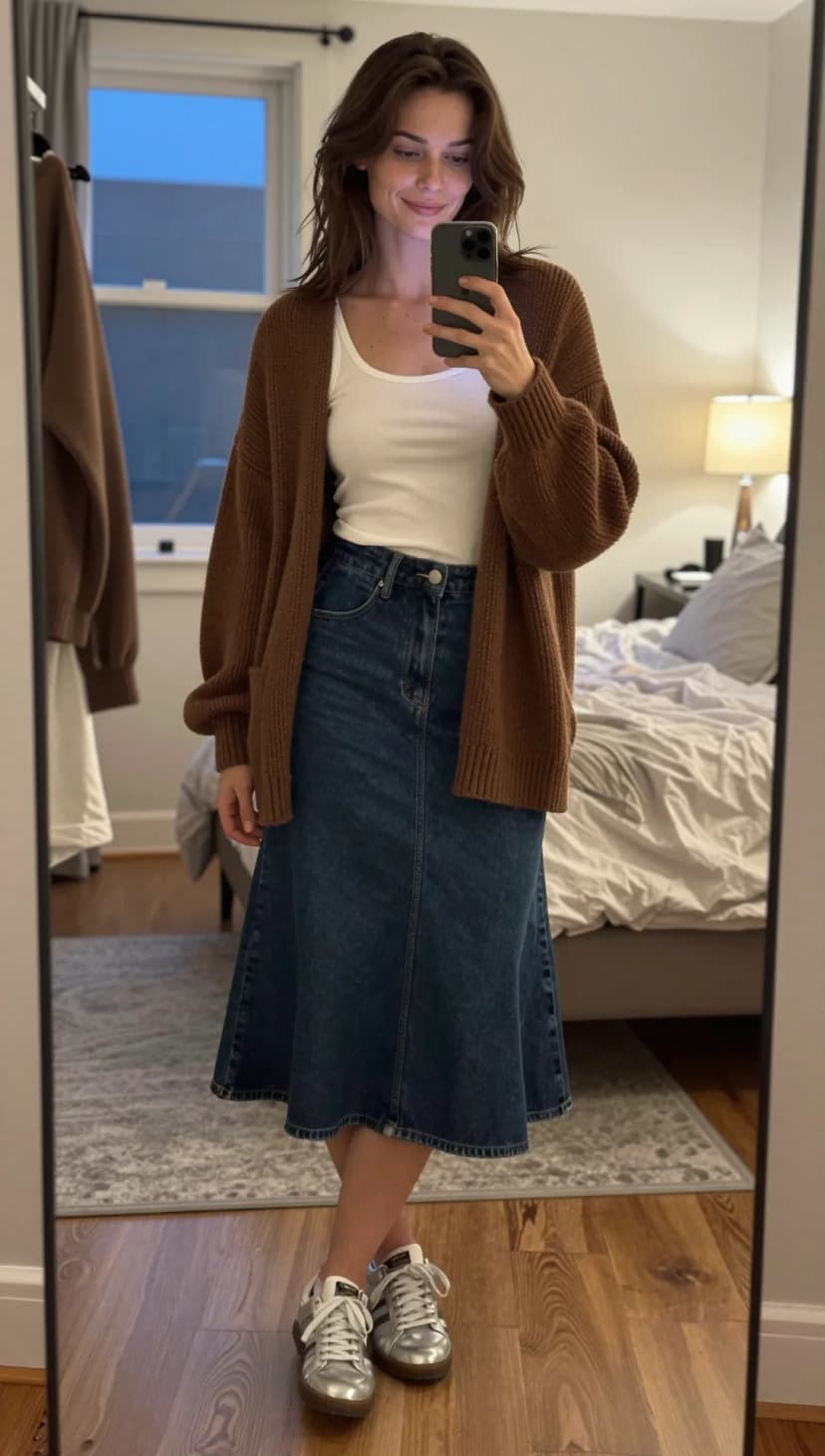 White Ribbed Tank Top + Dark Wash Denim Midi Skirt + Brown Knit Cardigan + Silver Sneakers
