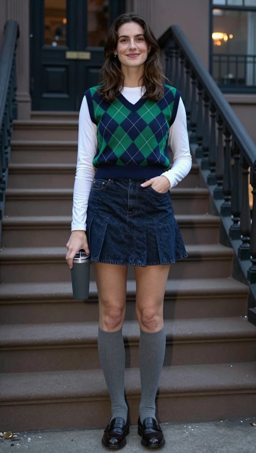 White Long Sleeve Tee + Green and Navy Argyle Sweater Vest + Dark Wash Denim Pleated Mini Skirt + Grey Knee High Socks + Brown Leather Loafers