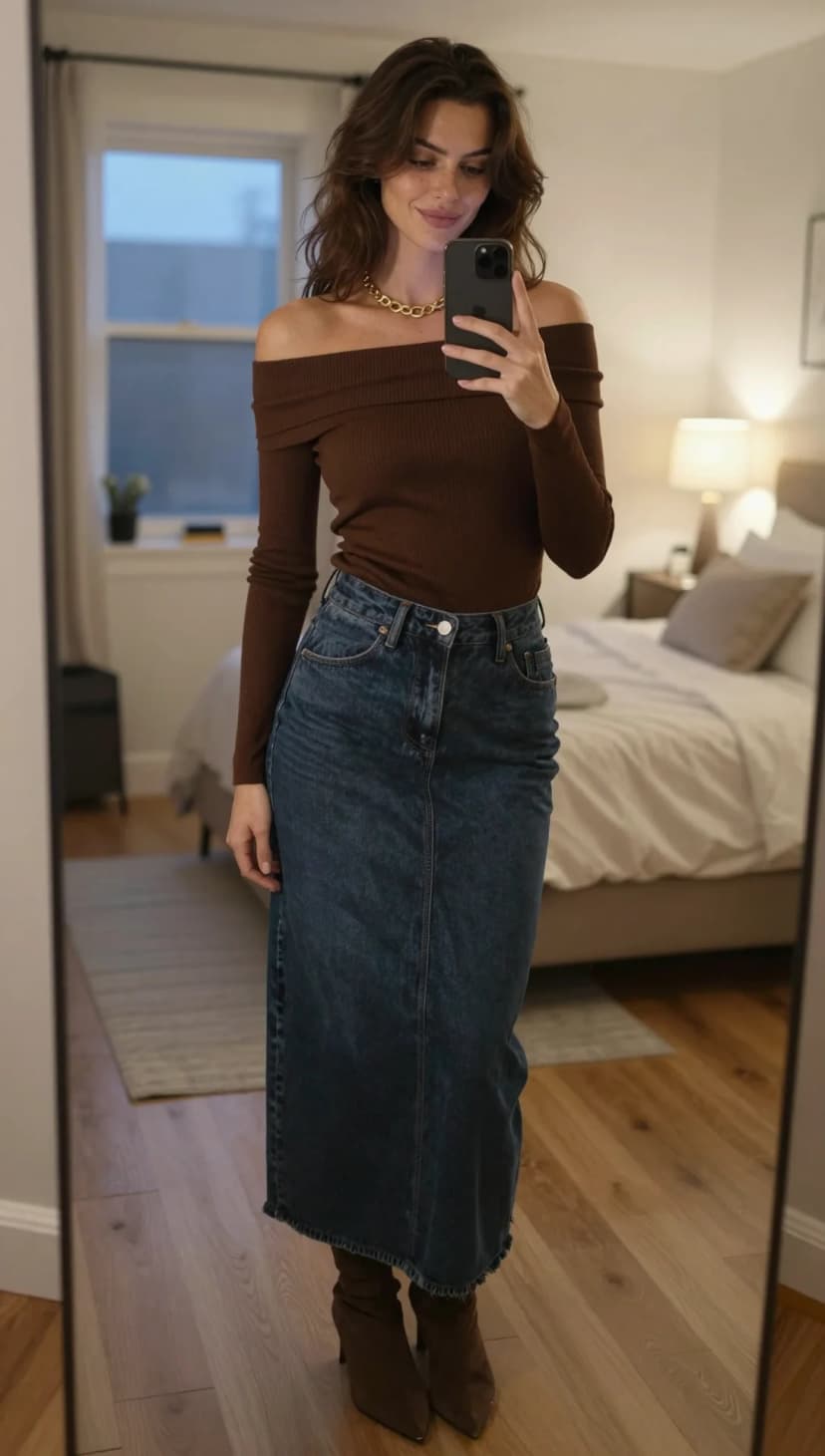 Brown Ribbed Off-The-Shoulder Top + Dark Wash Denim Maxi Skirt + Brown Suede Ankle Boots