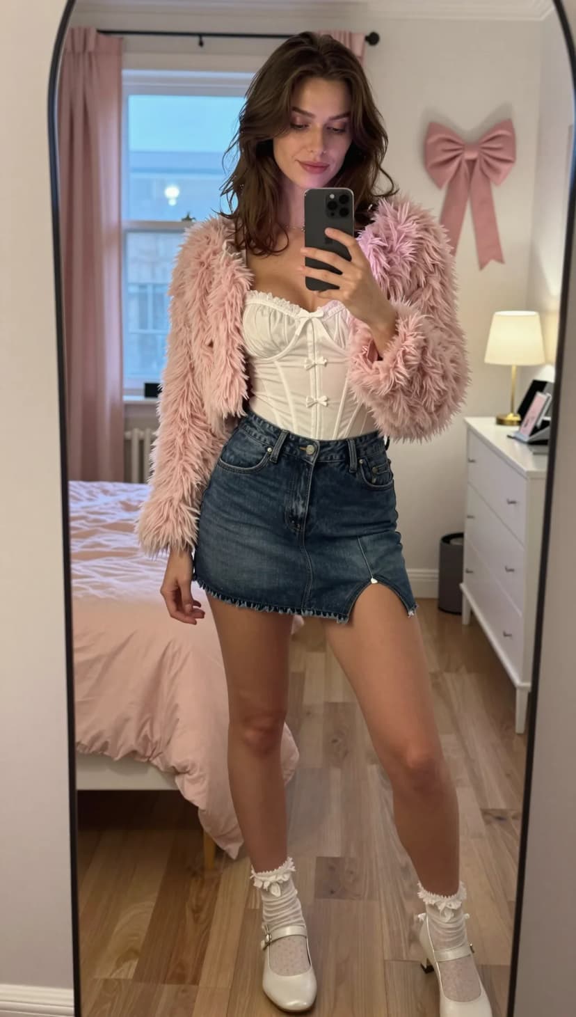 White Satin Corset Top + Blue Denim Mini Skirt + Pink Faux Fur Jacket + White Mary Jane Heels