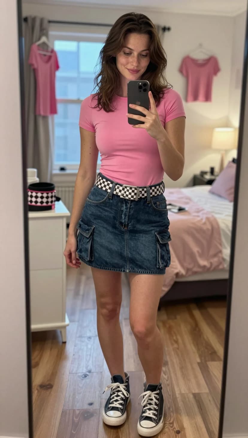 Pink Crew Neck Tee + Dark Wash Denim Cargo Mini Skirt + Checkerboard Belt + Black High Top Sneakers