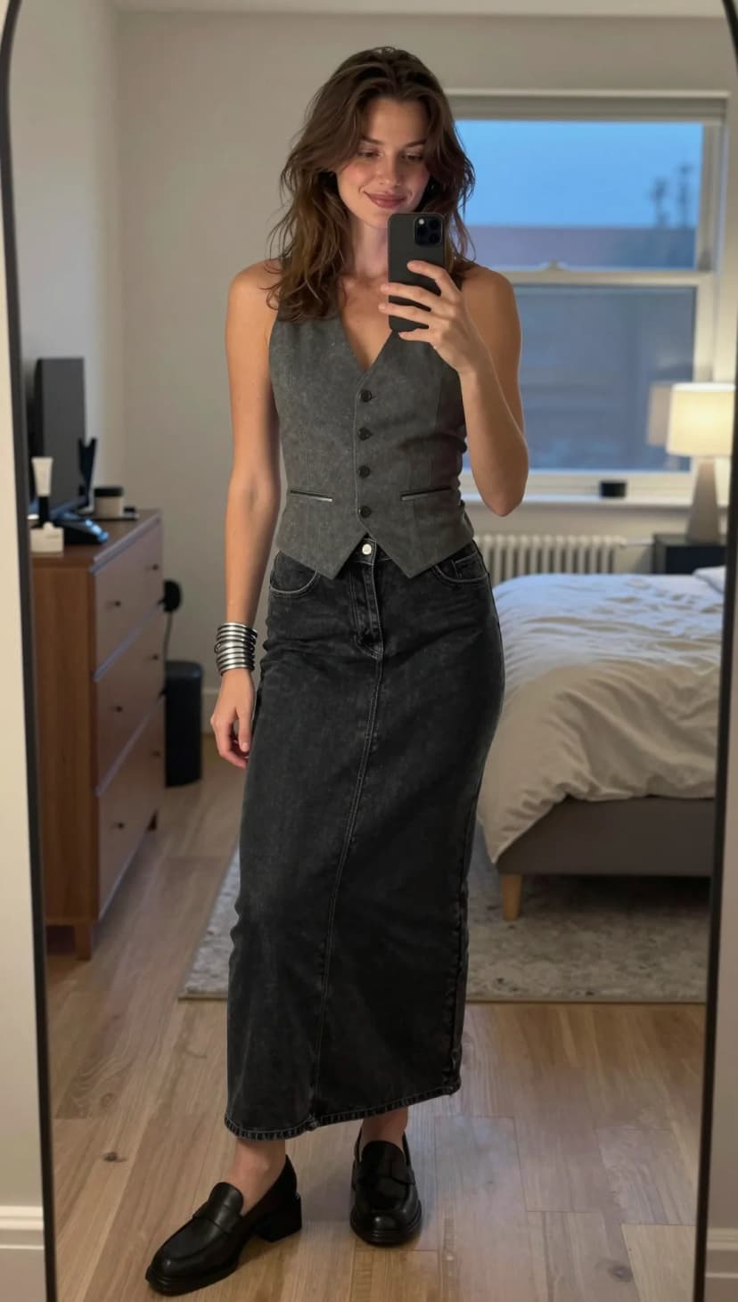 Grey Suiting Vest + Black Acid Wash Denim Maxi Skirt + Black Loafers