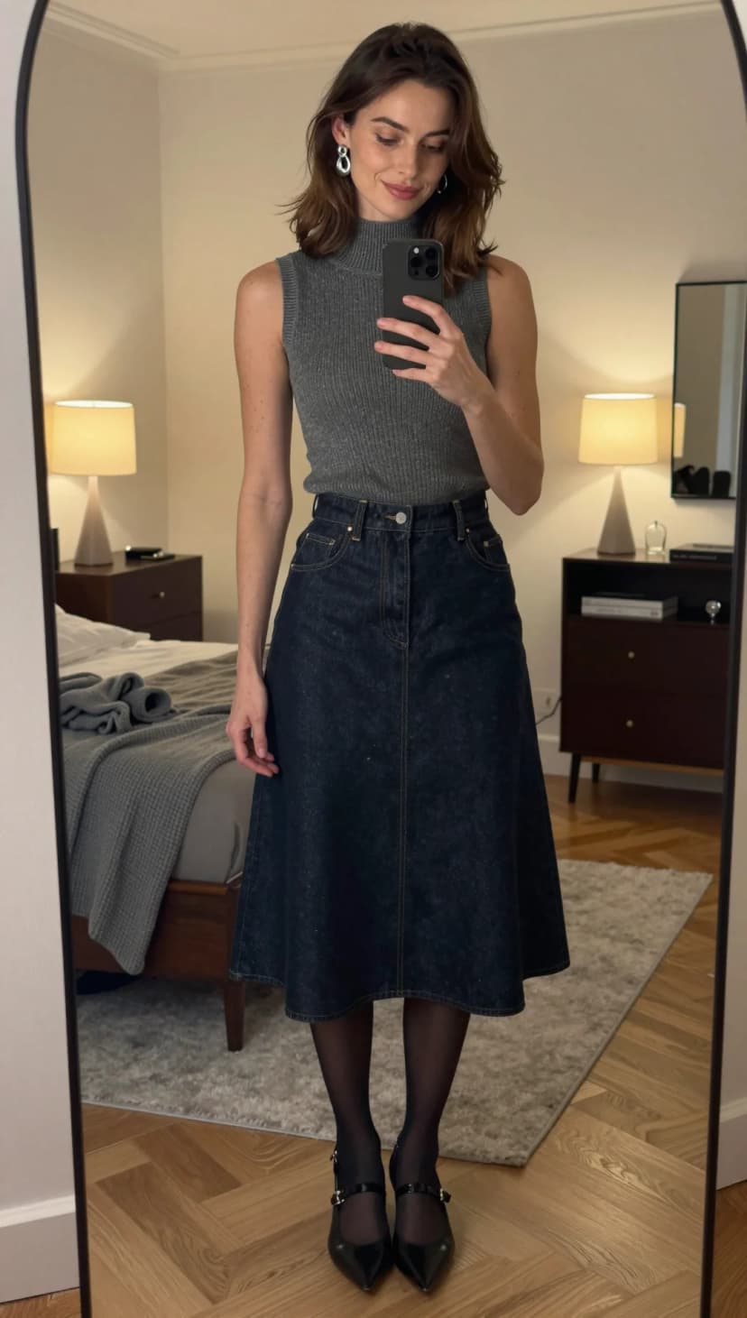 Grey Ribbed Sleeveless Mock Neck Top + Dark Wash Denim A-Line Midi Skirt + Black Mary Jane Heels