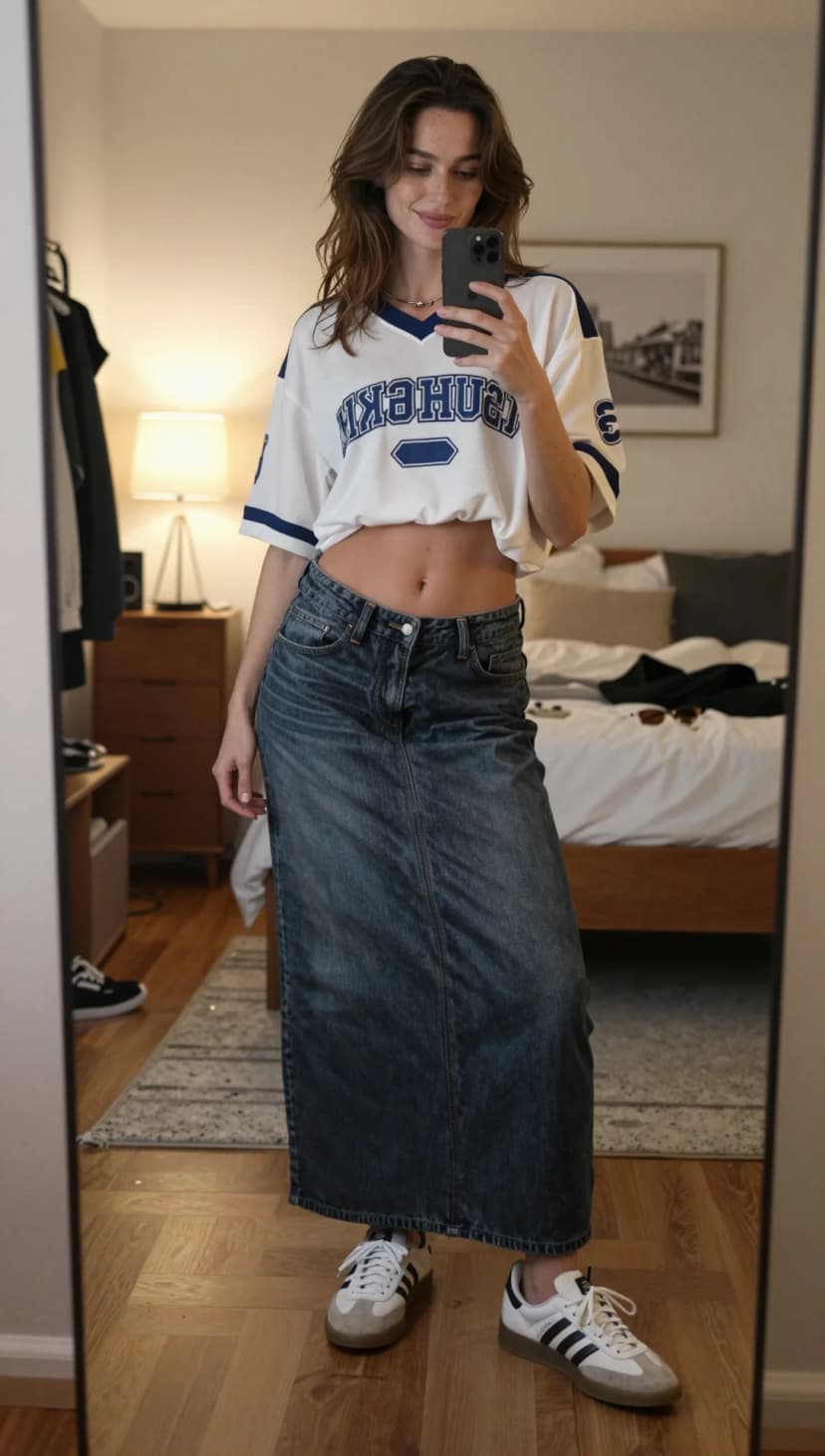 White Graphic Sports Jersey + Blue Denim Maxi Skirt + White Adidas Sneakers