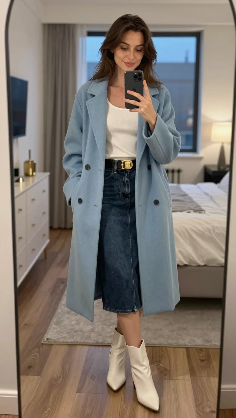 White Ribbed Tank Top + Dark Wash Denim Midi Skirt + Light Blue Wool Coat + Black Belt + White Pointed Toe Ankle Boots