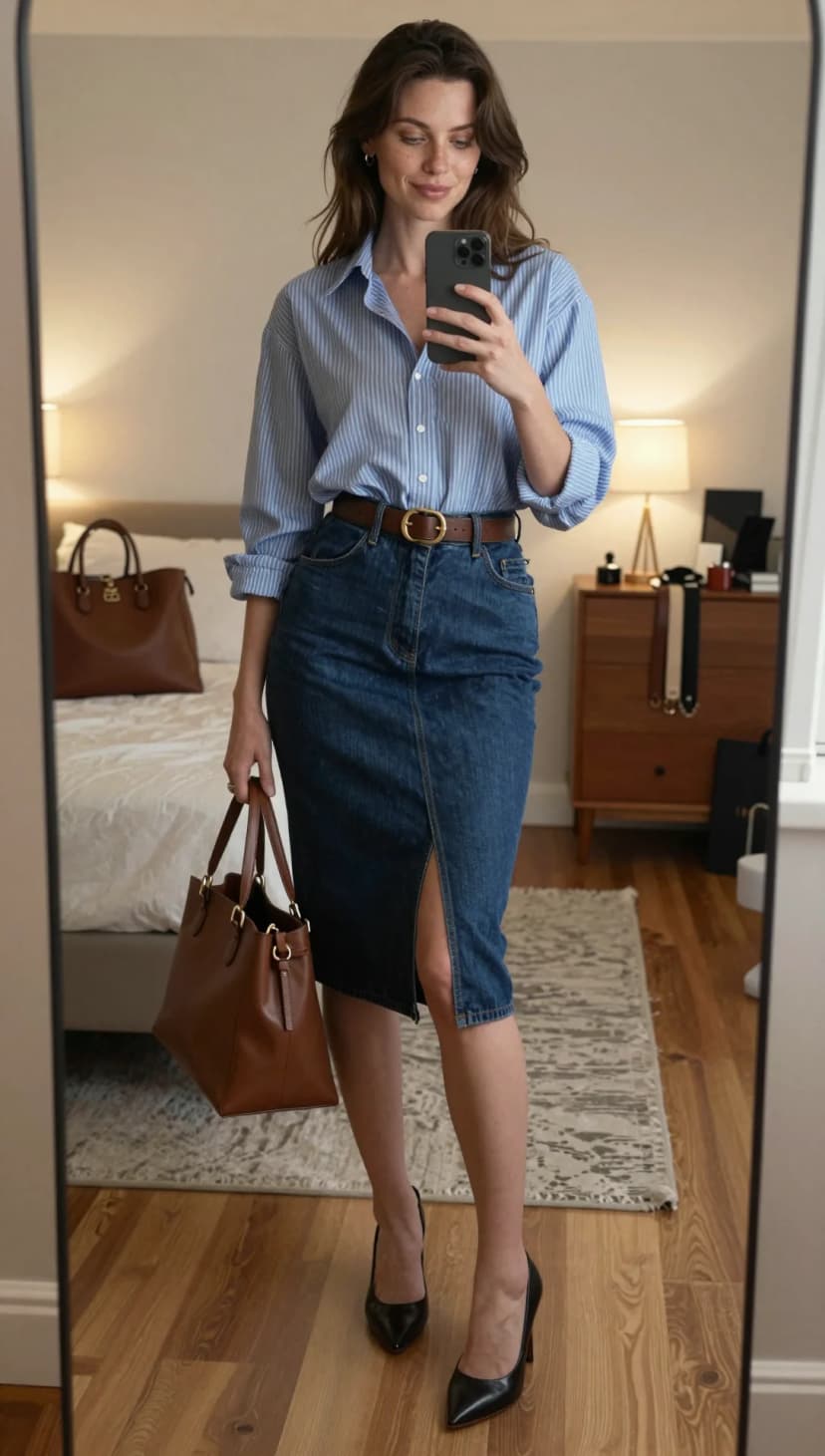 Blue Striped Cotton Button-Down + Dark Wash Denim Pencil Skirt + Brown Leather Belt + Black Leather Heels