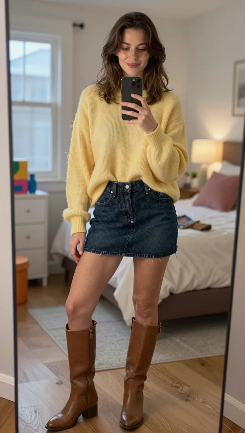 Yellow Knit Sweater + Dark Wash Denim Mini Skirt + Brown Leather Boots