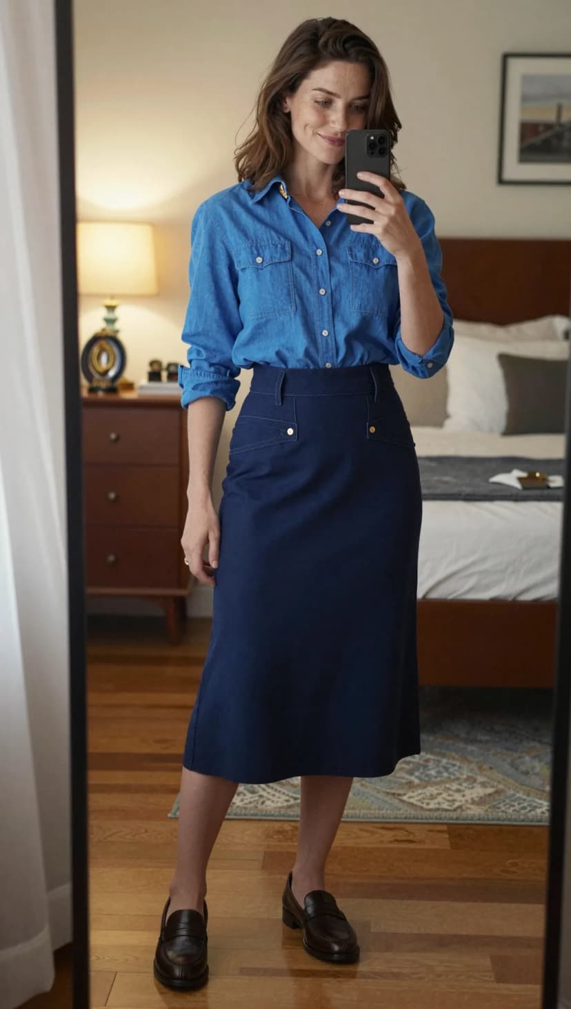 Blue Denim Button-Down Shirt + Navy Denim Midi Skirt + Brown Leather Loafers