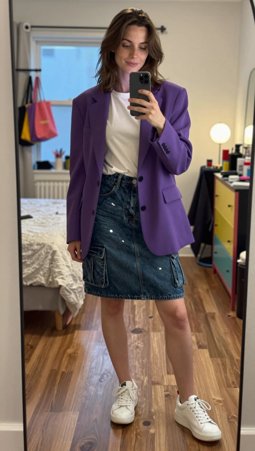 White Cotton T-Shirt + Blue Denim Cargo Mini Skirt + Purple Oversized Blazer + White Leather Sneakers