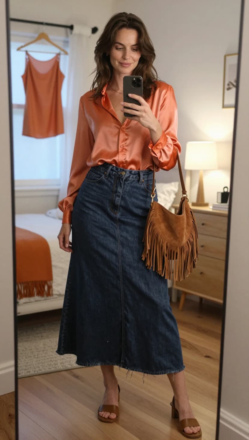 Orange Silk Button-Down + Dark Wash Denim Maxi Skirt + Brown Suede Fringe Bag + Brown Block Heel Sandals