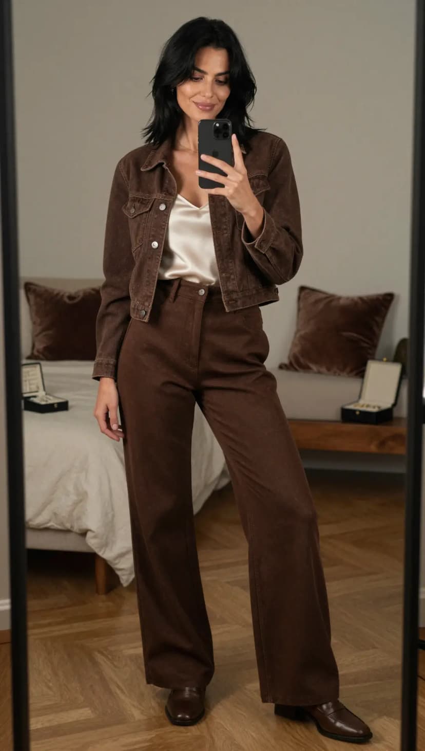 Brown Denim Cropped Jacket + Cream Satin Camisole + Brown Wide-Leg Denim Trousers
