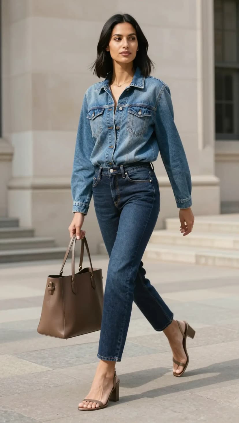 Medium Wash Denim Button-Up Shirt + Dark Wash Straight Leg Jeans