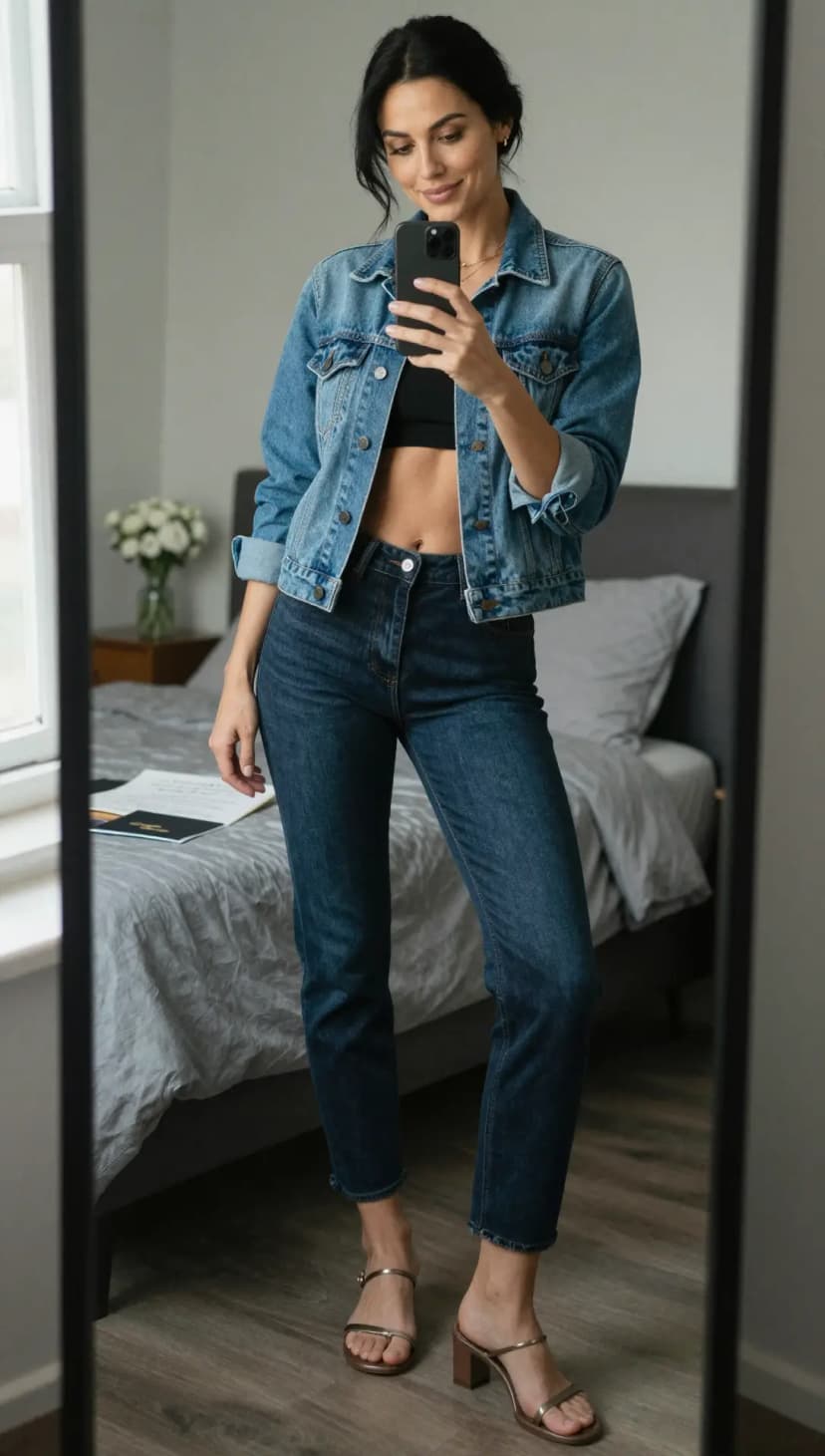 Medium Wash Denim Button-Up Shirt + Dark Wash Straight Leg Jeans