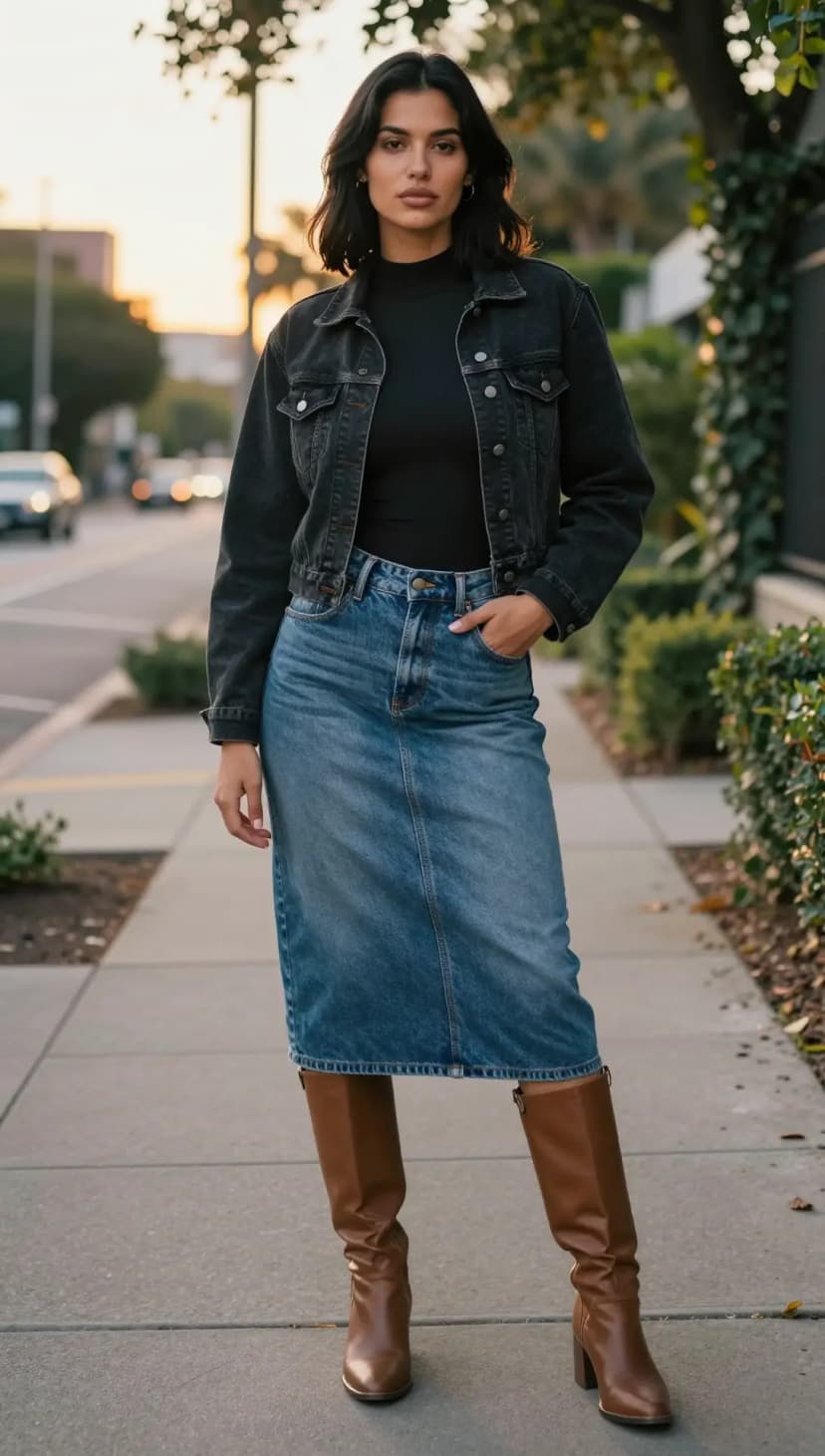 Black Mock Neck Top + Washed Denim Midi Skirt + Brown Leather Boots