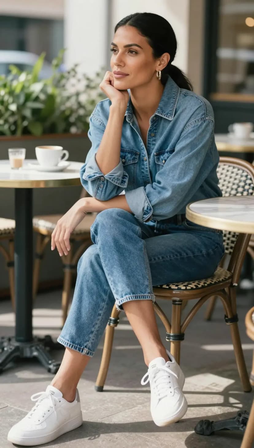 Light Wash Denim Button-Up Shirt + Medium Wash Denim Straight Leg Jeans + White Leather Sneakers