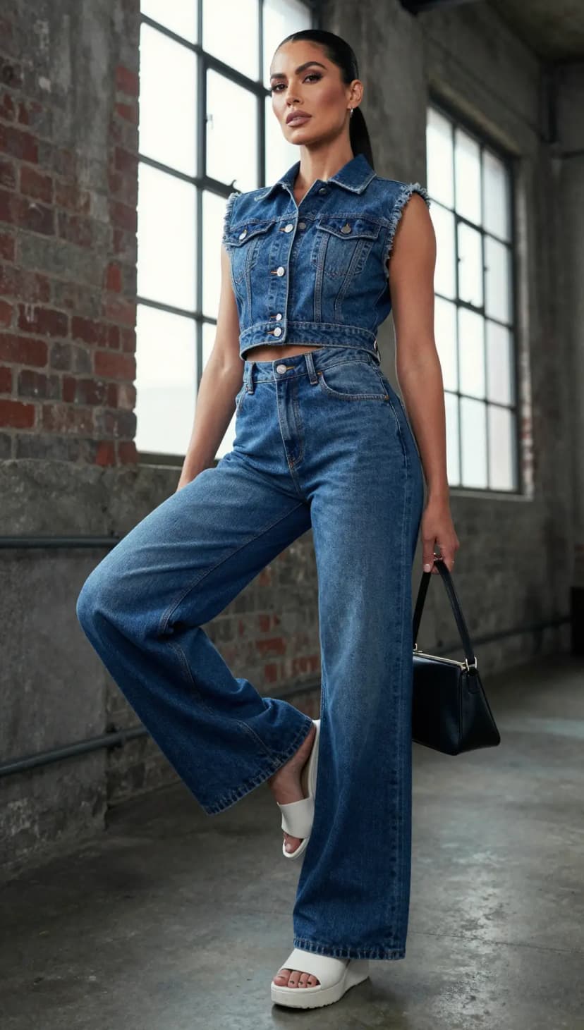 Blue Denim Sleeveless Crop Vest + Blue Denim Wide Leg Jeans + White Platform Sandals