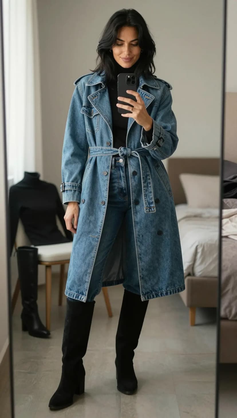 Blue Denim Trench Coat + Blue Denim Jeans + Black Turtleneck Top + Black Suede Knee-High Boots