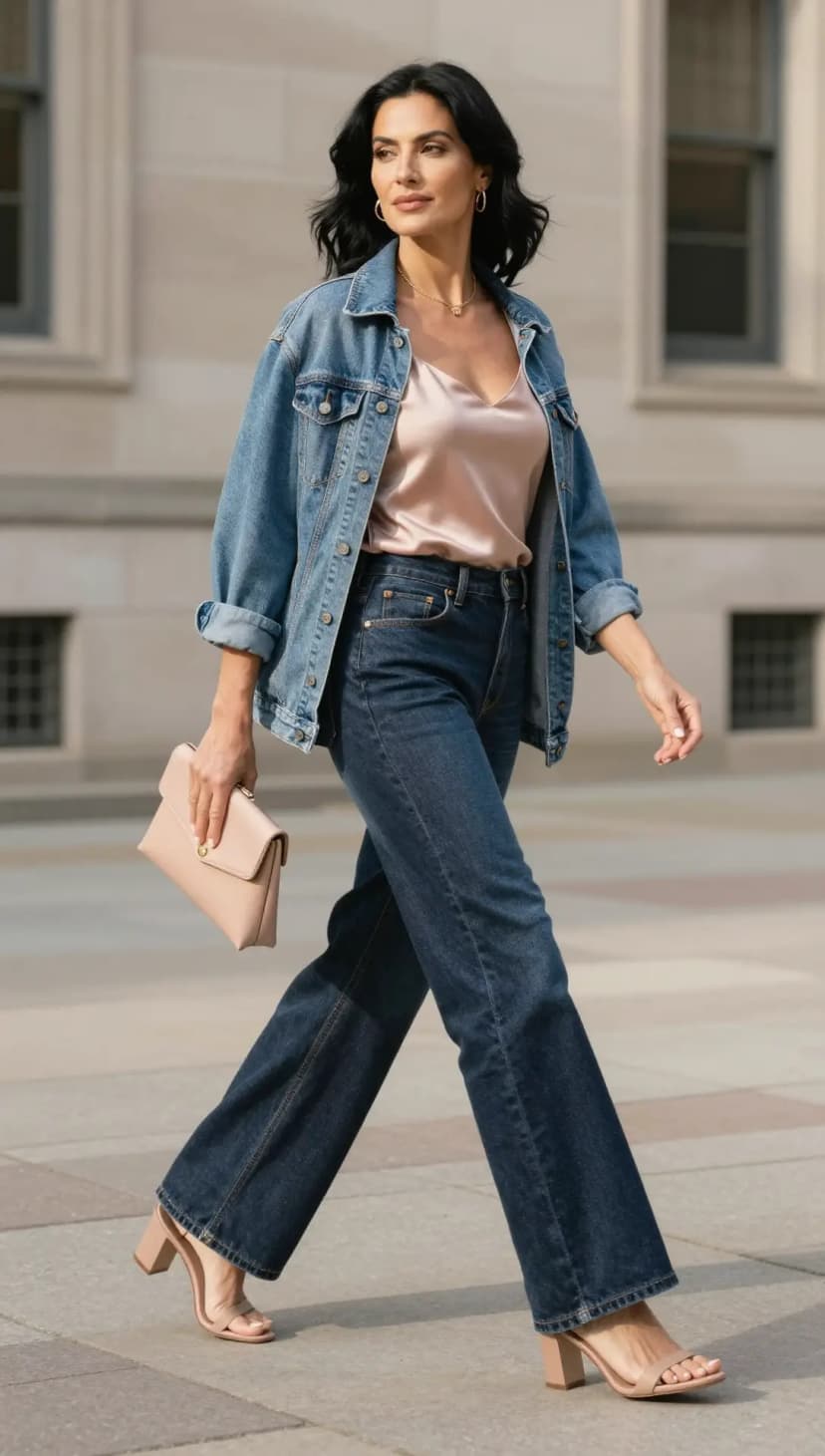 Light Wash Denim Jacket + Rose Gold Satin Camisole + Dark Wash Wide Leg Jeans