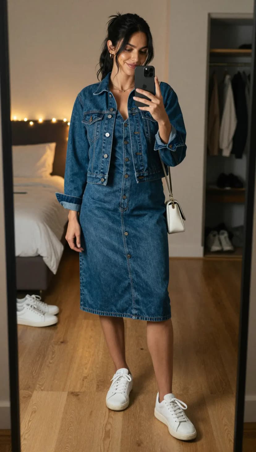 Blue Denim Button-Down Midi Dress + Blue Denim Trucker Jacket + White Leather Sneakers + White Leather Crossbody Bag