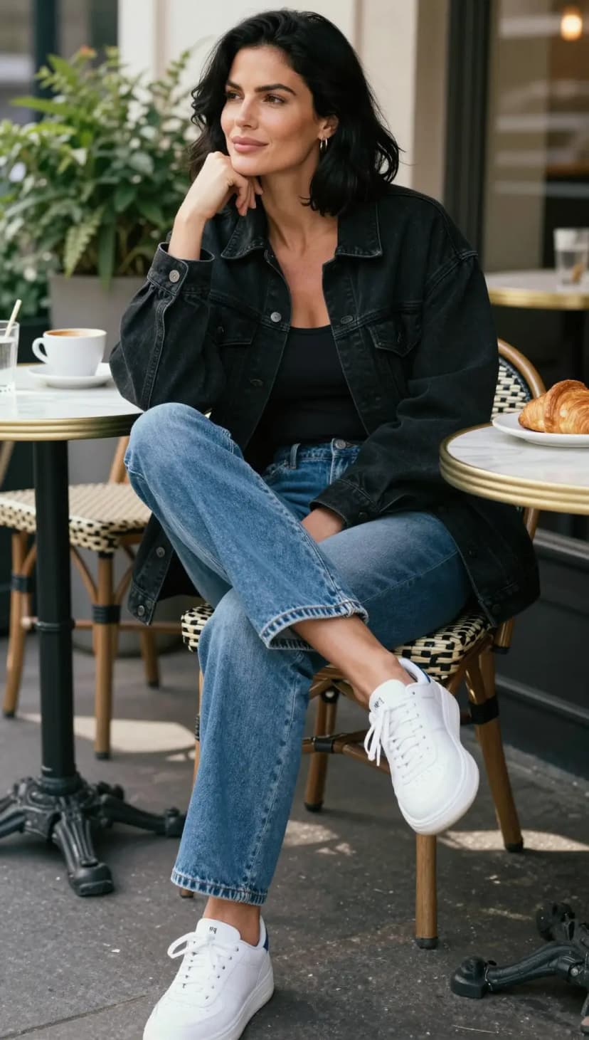 Black Denim Jacket + Black Tank Top + Blue Straight Leg Jeans + White Sneakers