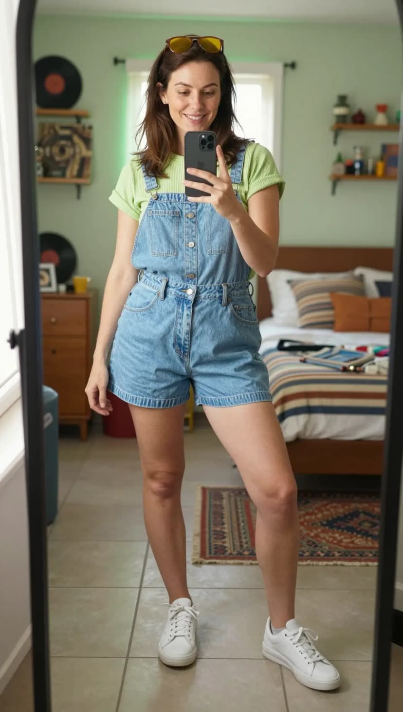 Lime Green Knit Cardigan + Dark Wash Denim Bermuda Shorts + Taupe Canvas Sneakers