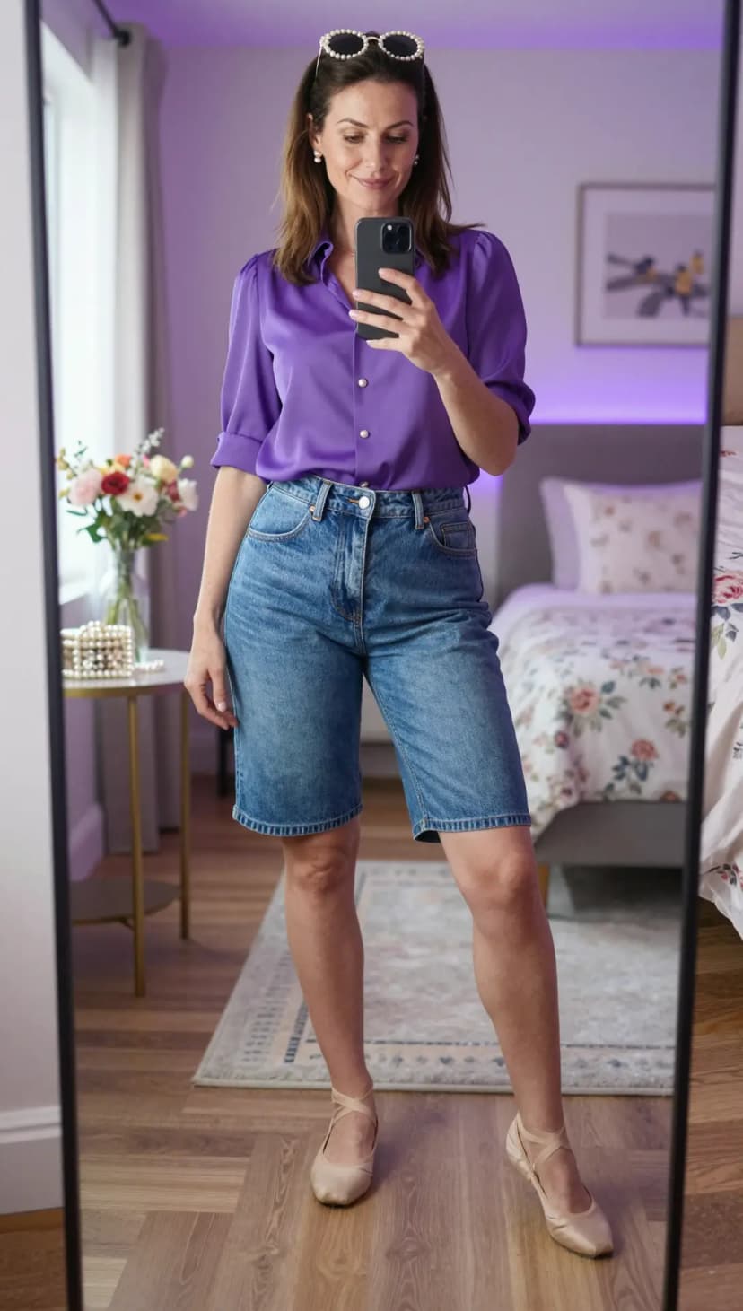 White Linen Shirt + White Cotton T-Shirt + Hot Pink Linen Shorts + Pink Pointed-Toe Heels