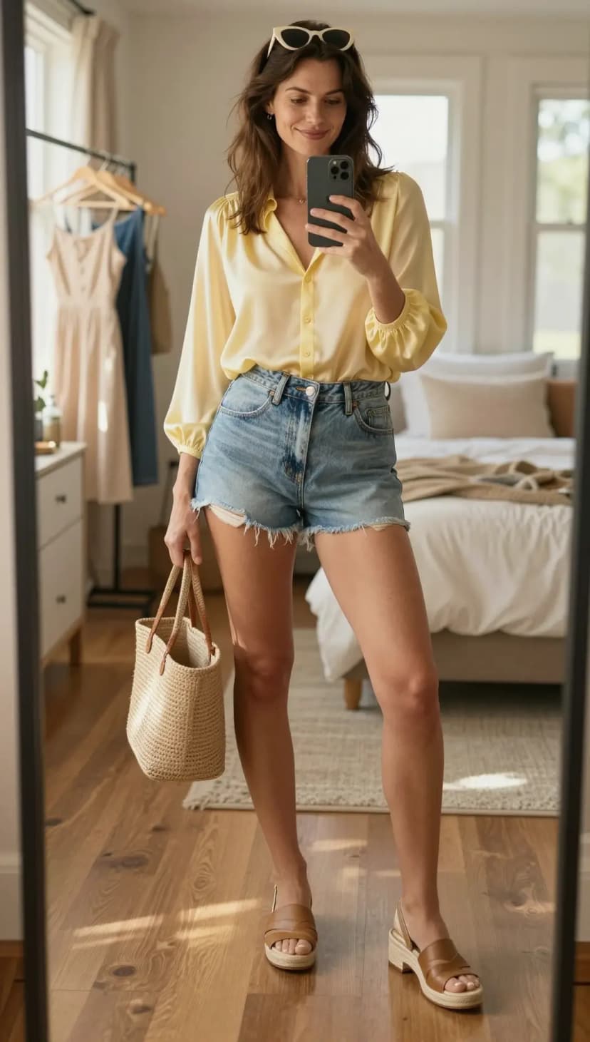 Blue Crew Neck Sweater + Black Denim Cutoff Shorts + White Leather Sneakers