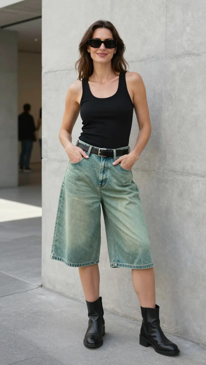 Orange Silk Button-Up Shirt + Black Denim Bermuda Shorts + Tan Leather Heels
