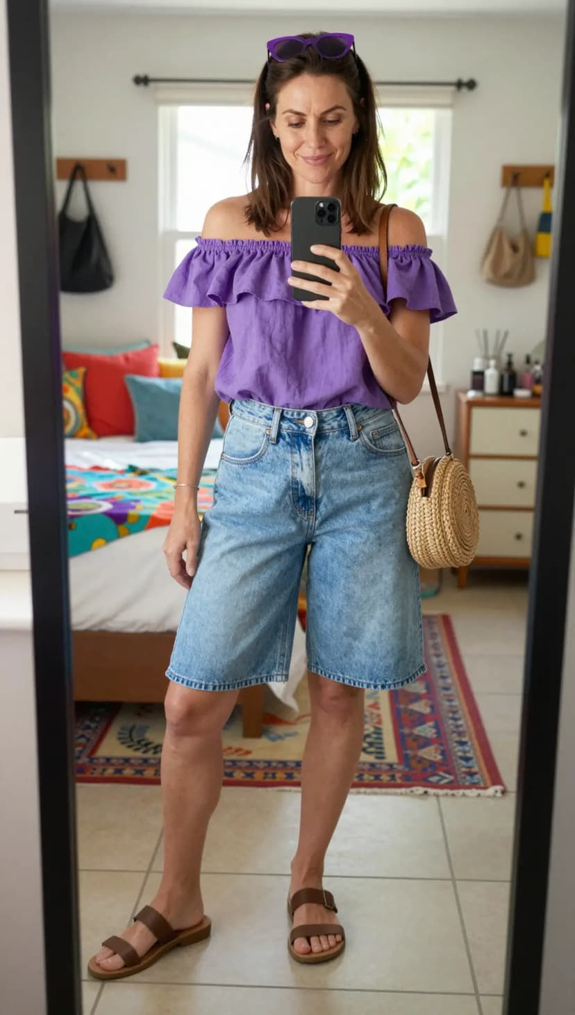 White Halter Neck Tank Top + Blue Washed Denim Shorts + Tan Platform Wedge Sandals