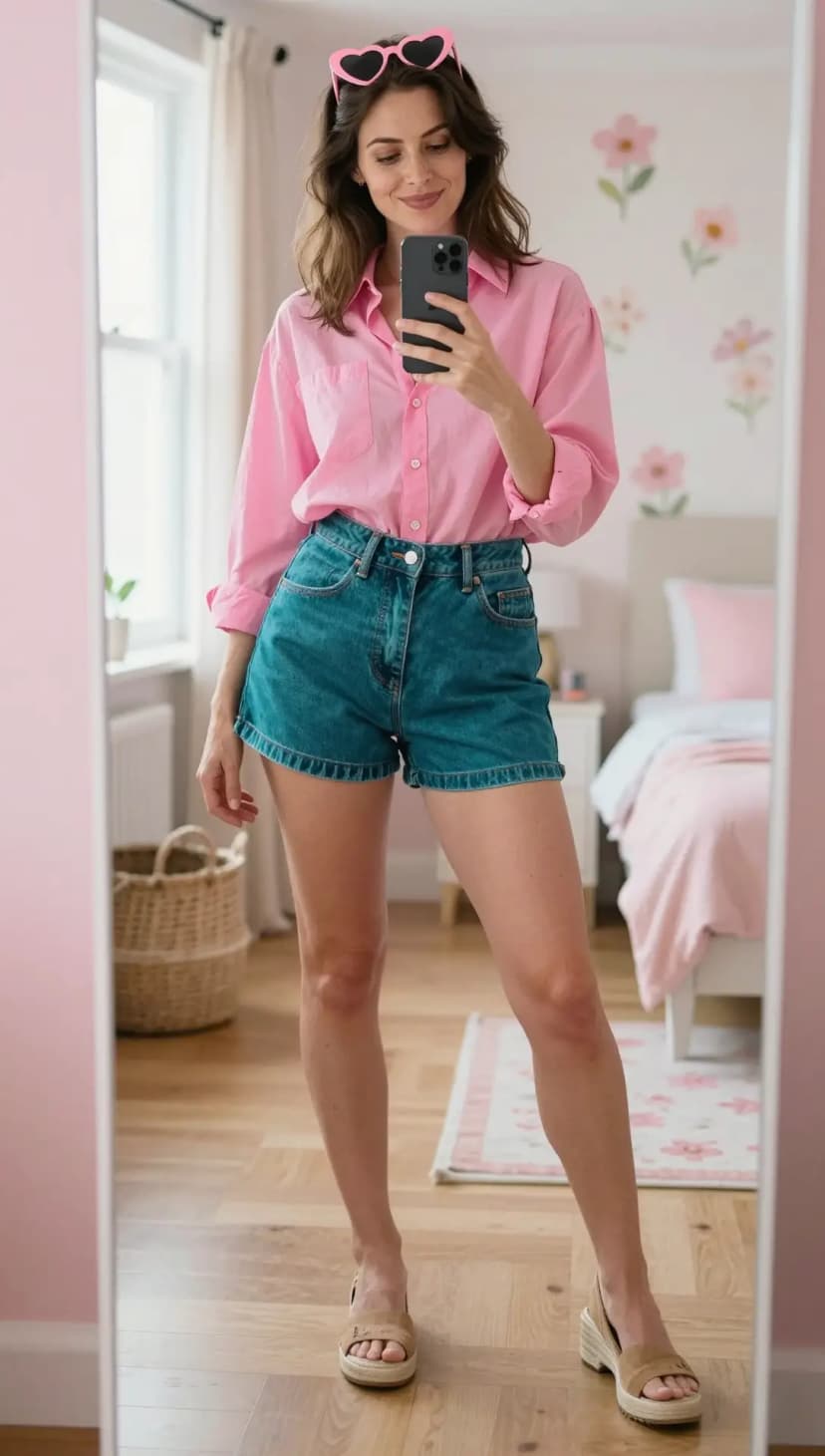 Orange Satin Halter Top + Dark Wash Denim Cutoff Shorts + Brown Suede Block Heels