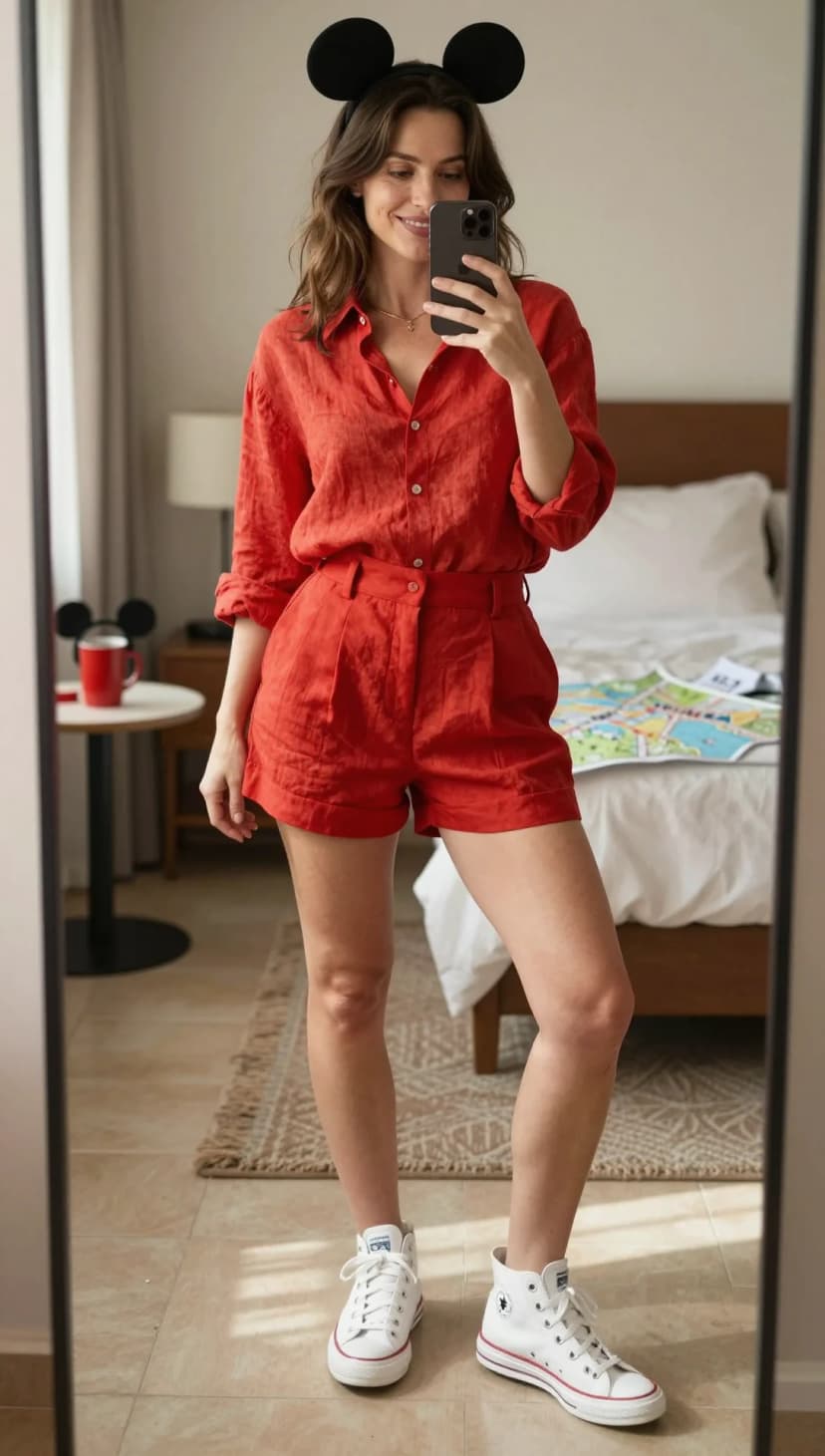 Red Linen Button-Up Shirt + Red Linen High-Waisted Shorts + White Canvas High-Top Sneakers
