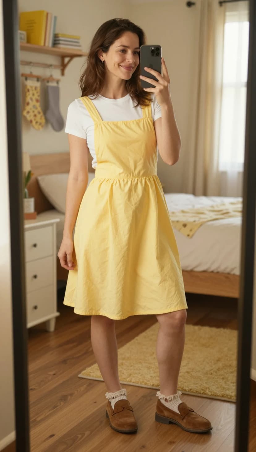 White Cotton T-Shirt + Yellow Cotton Pinafore Dress + Brown Suede Loafers