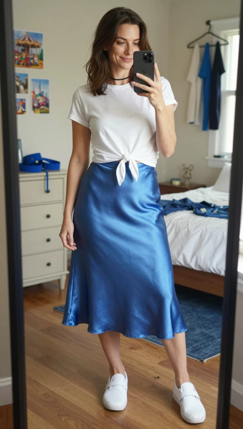 White Cotton Crew Neck Tee + Royal Blue Satin Midi Skirt + White Canvas Sneakers