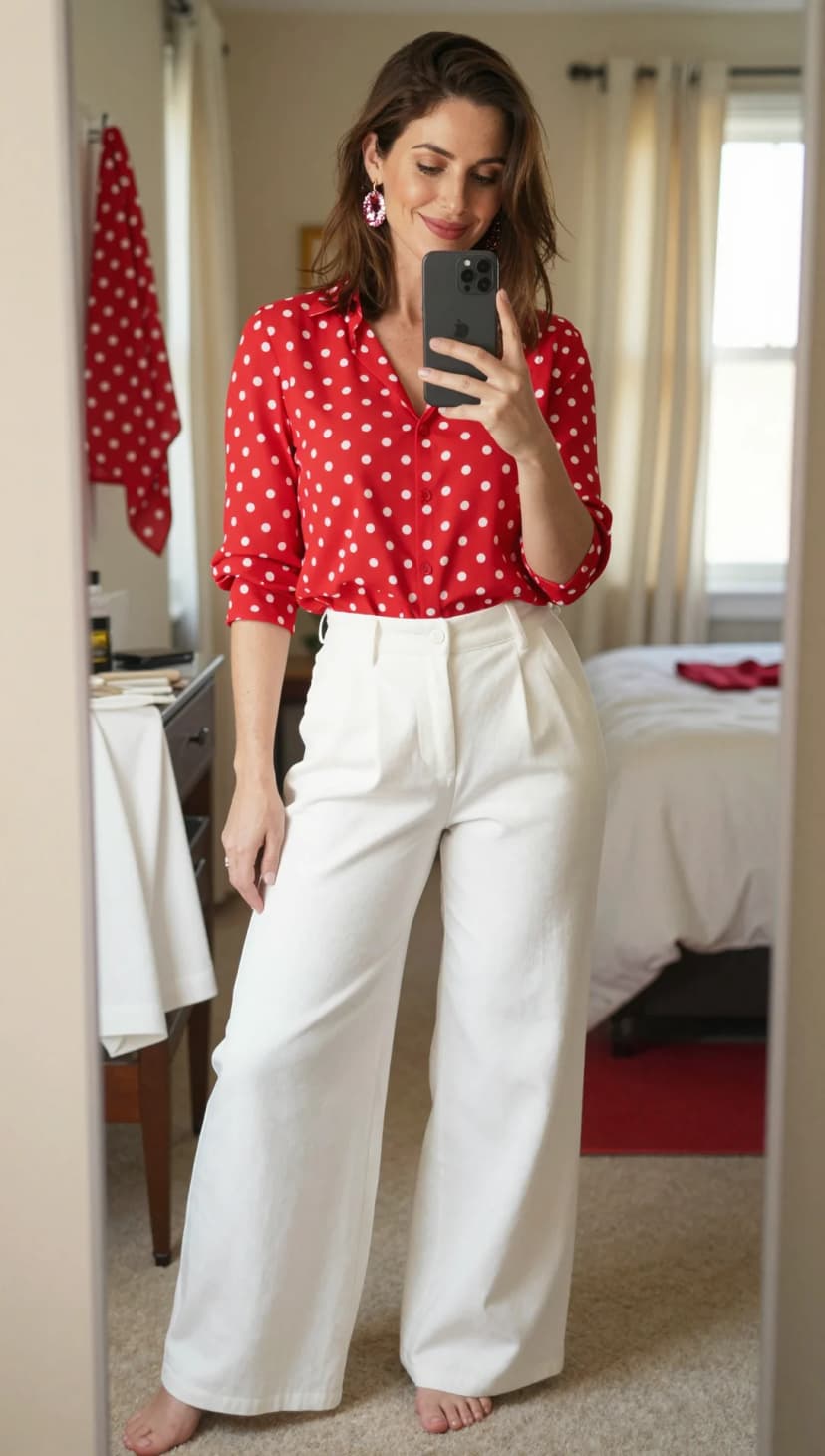 Red Polka Dot Silk Blouse + White Linen Wide-Leg Trousers