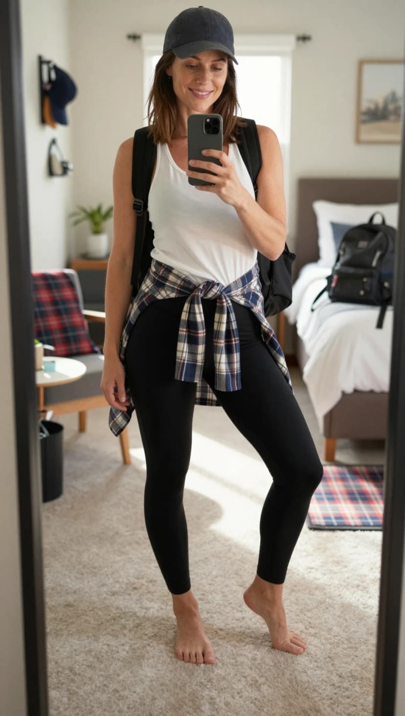 White Cotton Tank + Navy Plaid Flannel Shirt + Black Spandex Leggings