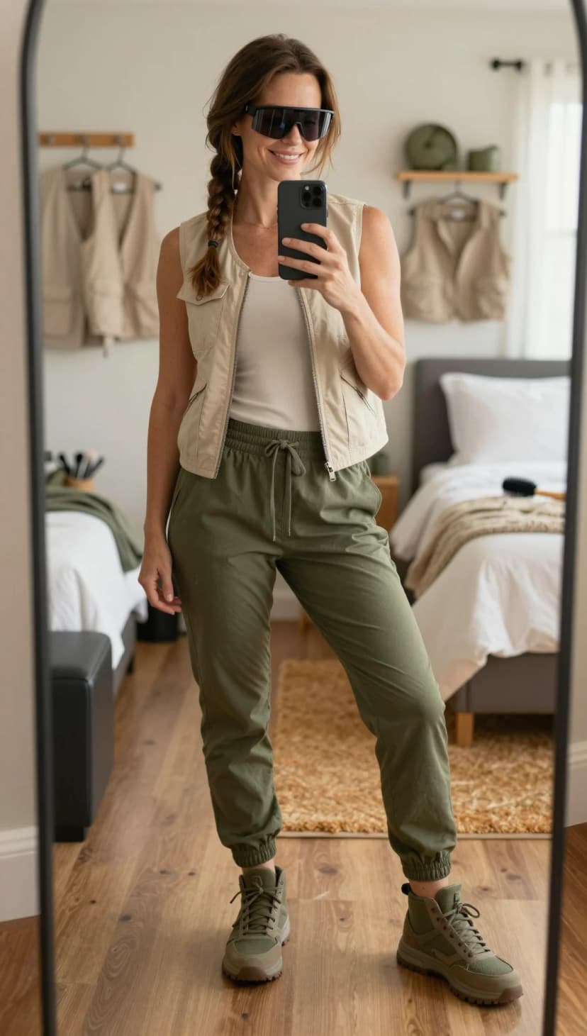 Cream Quilted Vest + Tan Tank Top + Olive Cargo Joggers + Tan Hiking Boots