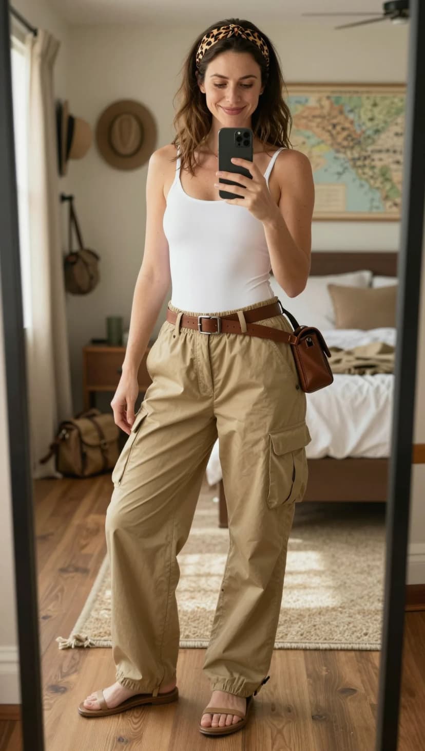 White Tank Top + Khaki Cargo Pants + Brown Leather Belt + Brown Leather Crossbody Bag + Tan Sandals + Leopard Print Headband