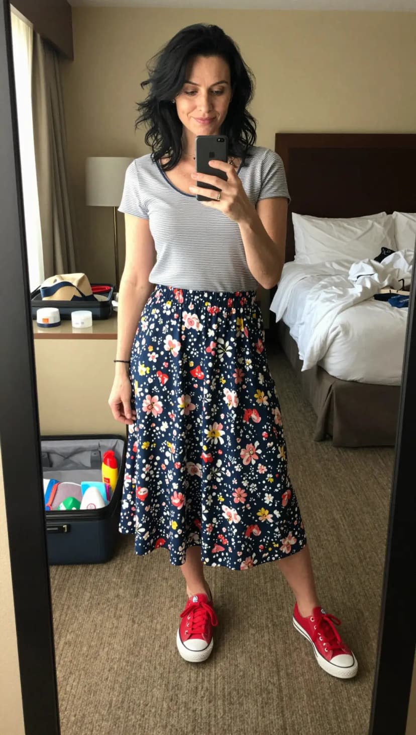 Grey Striped T-shirt + Navy Floral Print Midi Skirt + Red Canvas Sneakers