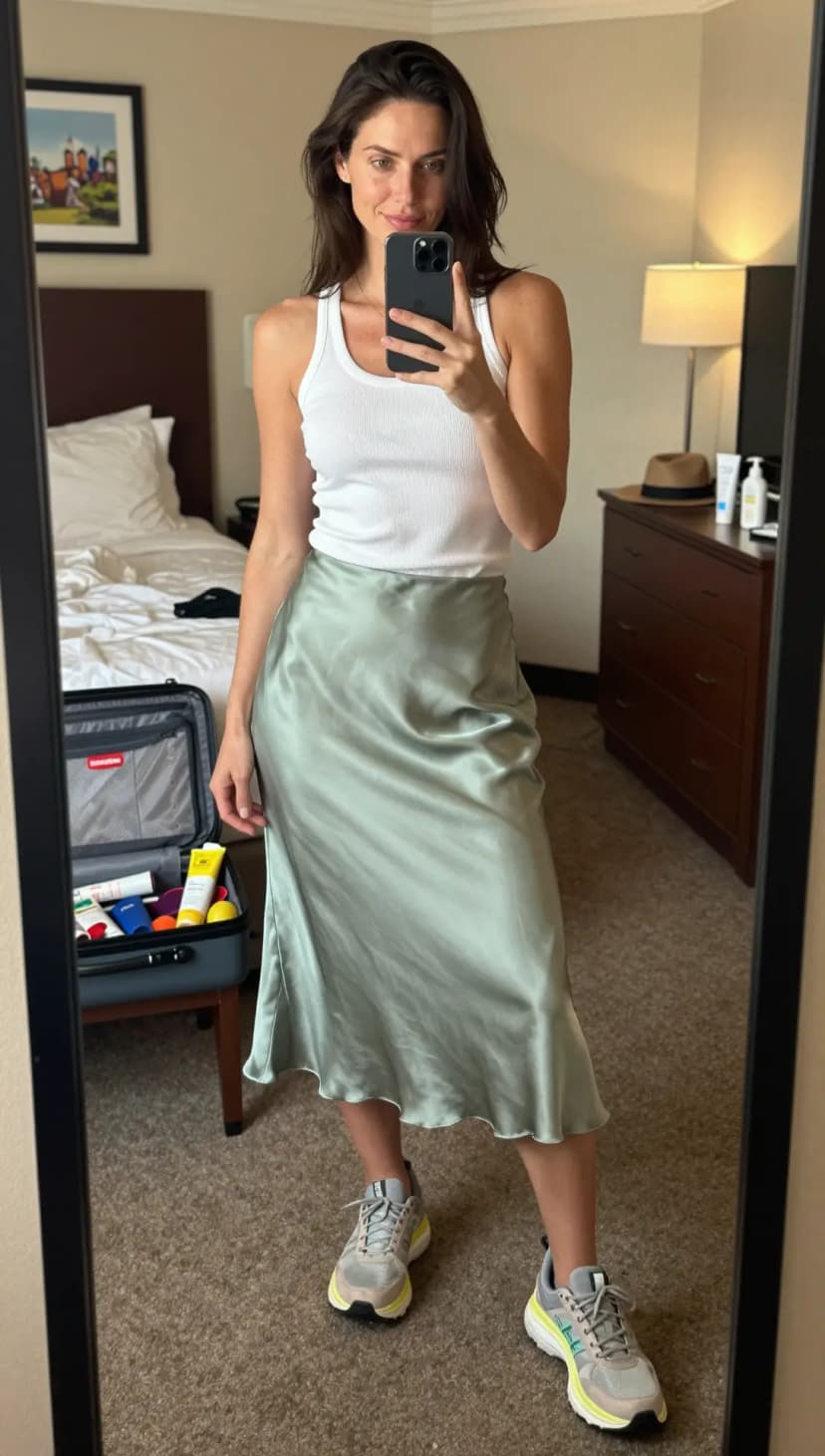 White Ribbed Tank Top + Sage Satin Midi Skirt + Grey and Yellow Running Sneakers
