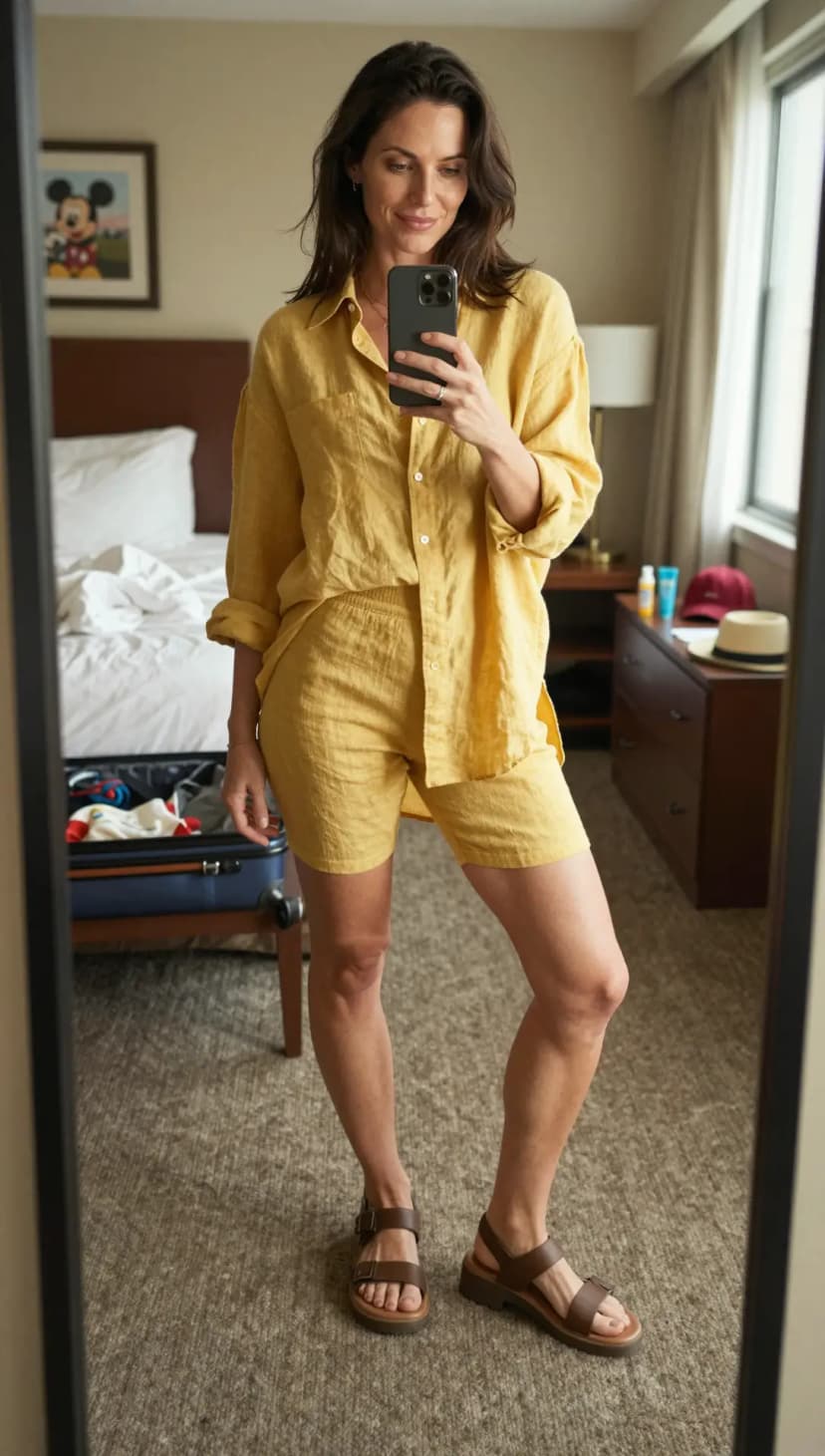Yellow Linen Button-Down Shirt + Yellow Linen Shorts + Brown Leather Sandals