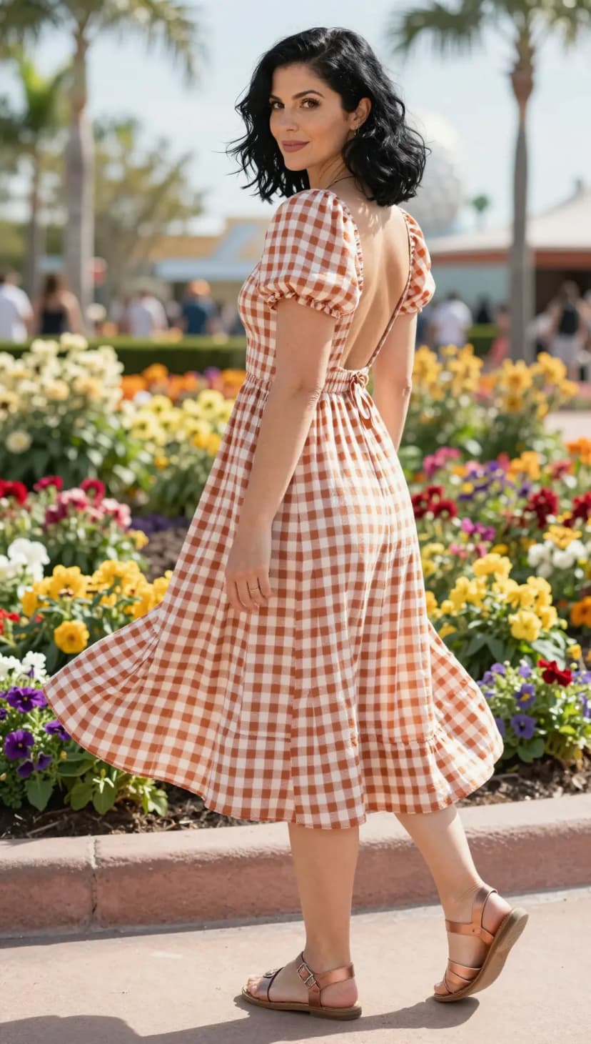 Rust Gingham Cotton Dress + Rose Gold Leather Sandals