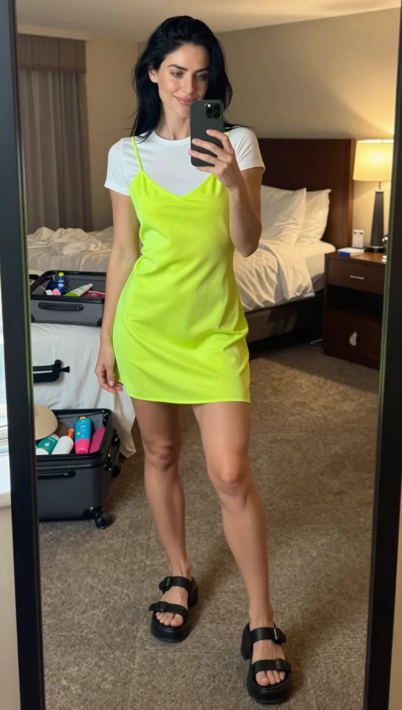 White Cotton T-Shirt + Neon Yellow Satin Slip Dress + Black Leather Platform Sandals
