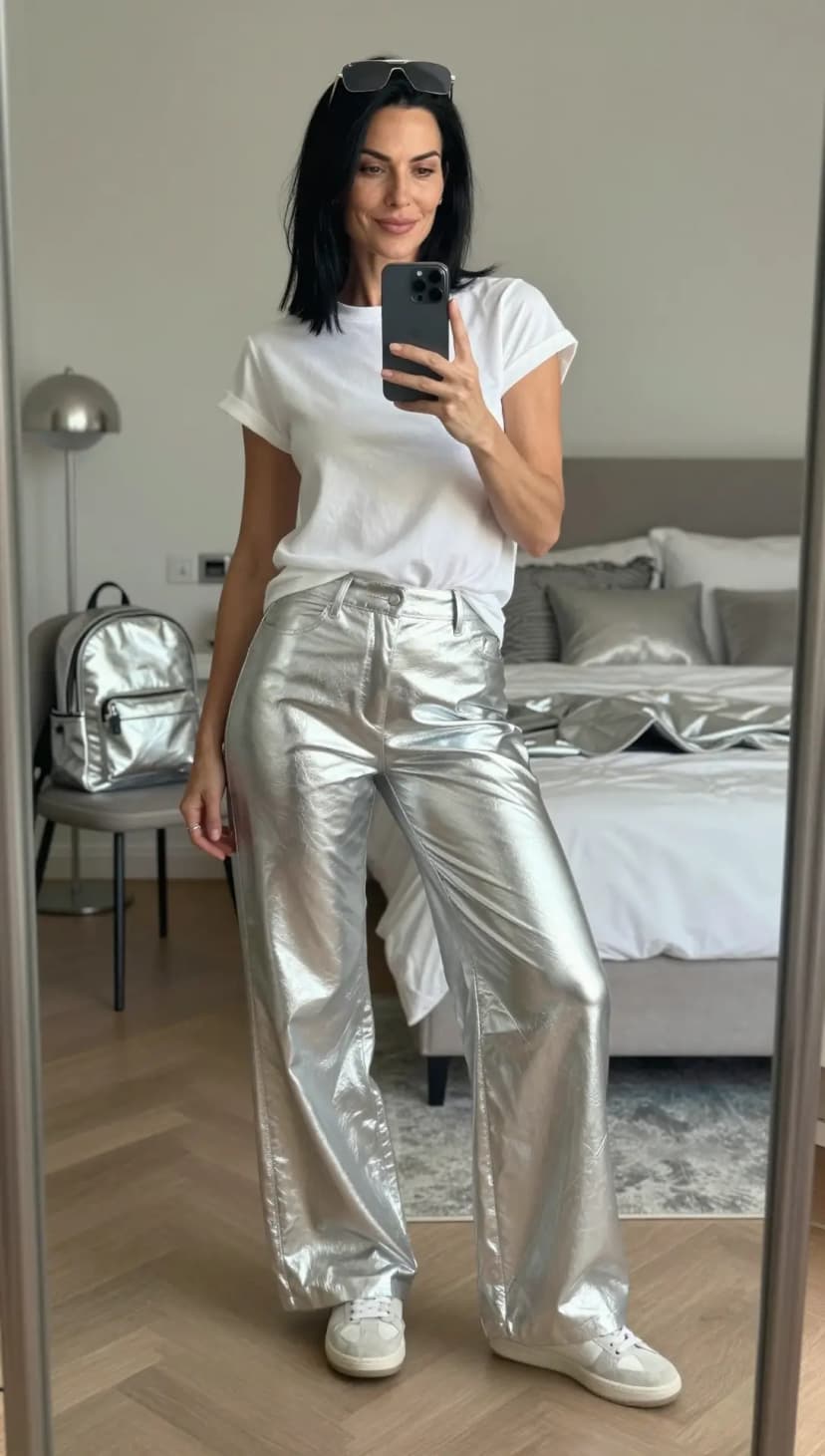 White Cotton T-Shirt + Silver Metallic Wide-Leg Trousers + White and Grey Suede Sneakers