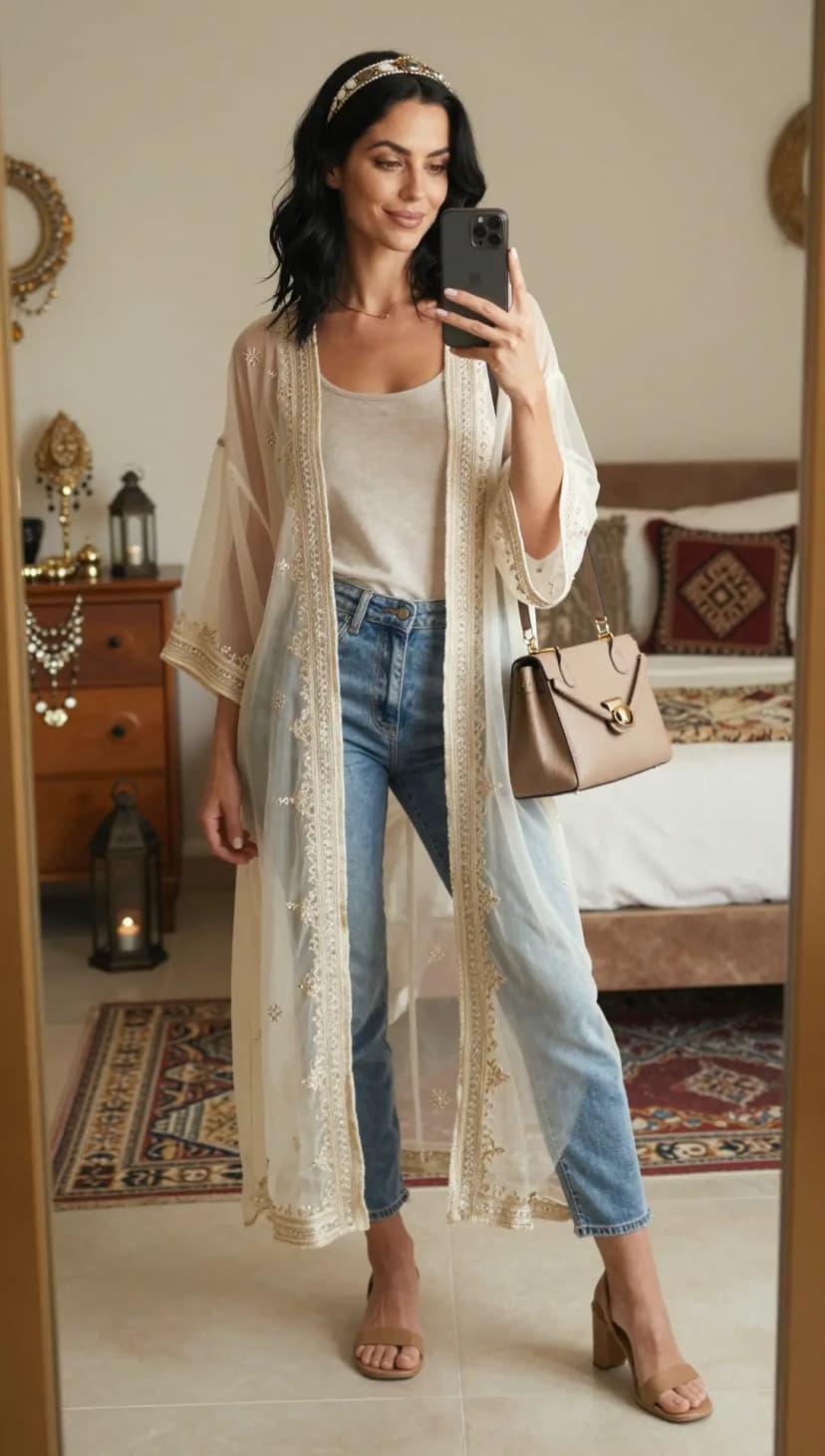Cream Sheer Embroidered Kimono + Beige Tank Top + Blue Denim Jeans + Taupe Block Heels