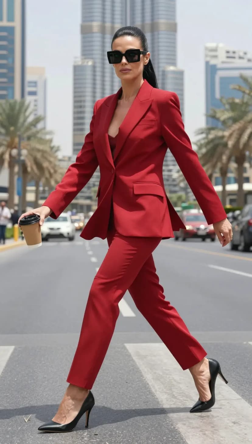 Red Wool Blazer + Red Wool Trousers + Black Leather Pointed-Toe Pumps