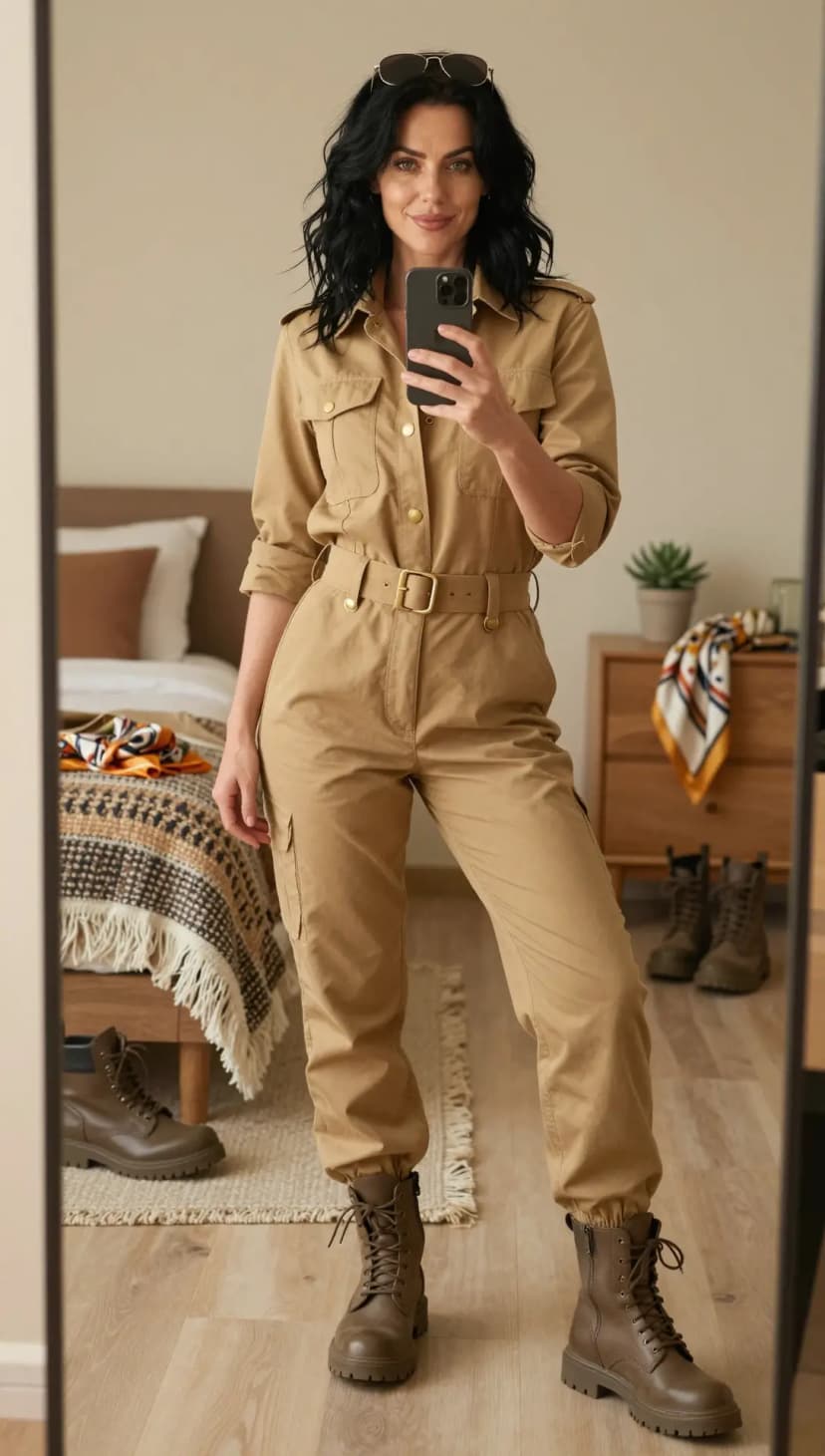 Khaki Twill Utility Jumpsuit + Brown Leather Combat Boots