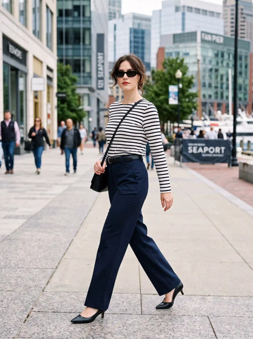 Striped Long-Sleeve Top + Navy Trousers