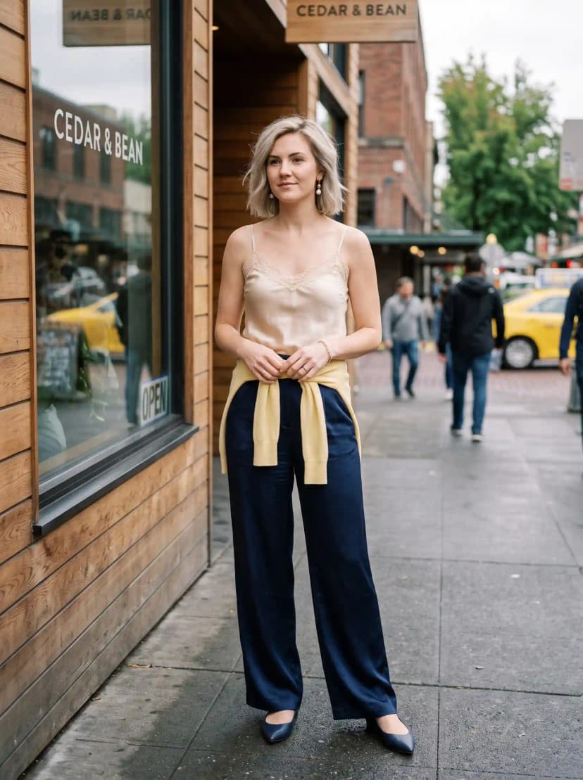 Cream Cami + Navy Wide-Leg Pants + Yellow Sweater