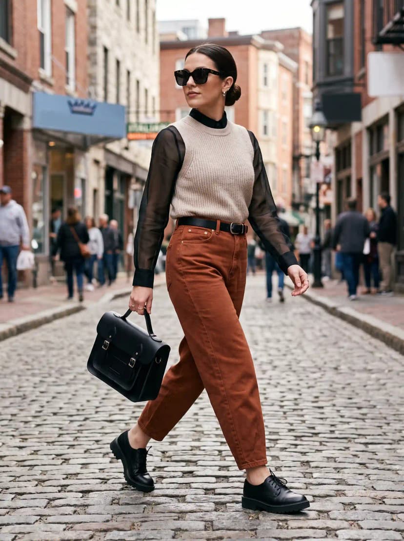Sheer Sleeve Top + Beige Sweater Vest + Rust Corduroy Pants